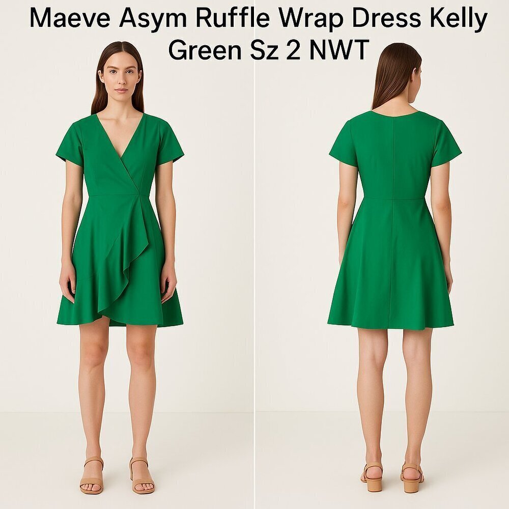 Maeve Asymmetrical Ruffle Wrap Dress Ruffle Wrap/Zip Dress Kelly Green Sz 2 NWT